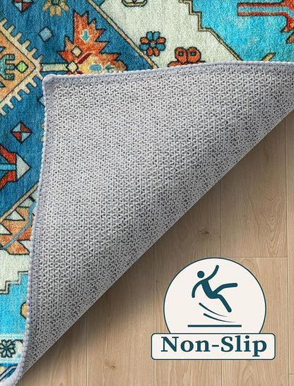 SERISSA Boho Washable Runner Rug, 2'6"x8' Rug Runner Non-Slip Vintage Blue Hallway Kitchen Runner Rug Ultra Soft Print Distressed Tribal Floor Carpet Runner for Bedroom Bathroom Laundry Room