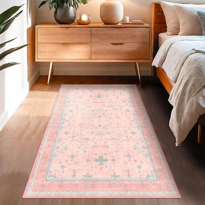 Hazo Haus Nursery Area Rug 4x6 - Pink Rugs for Girls Bedroom, Living Room - Washable Low Pile Non-Slip Charming Boho Vintage Traditional Oushak Design, Perfect for Kids Rooms