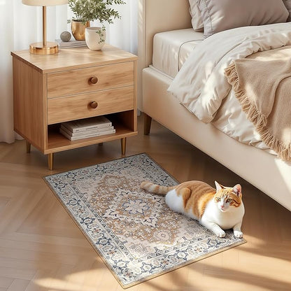 Lofus 2x3 Washable Rug for Entryway Bathroom, Non Slip Kitchen Mats for Floor, Vintage Soft Door Mat Indoor Entrance, Small Area Rugs, Farmhouse Carpet for Entry Living Room Bedroom, Floral Brown