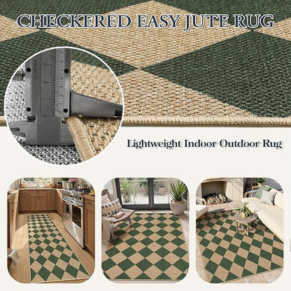 Lahome Colette Checkered Outdoor Patio Easy Jute Rug, 3x5 Dark Green Washable Front Porch Door Rug, Farmhouse Indoor Outdoor Carpet Non Slip Non Shedding Carpet for Entryway Living Room Deck