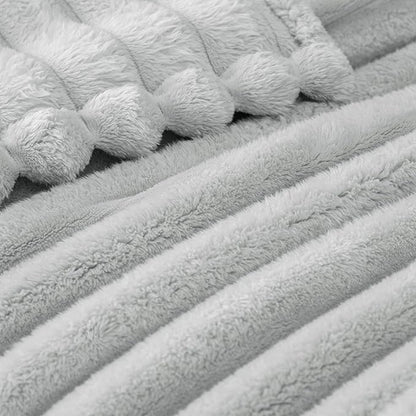 Exclusivo Mezcla California King Size Flannel Fleece Blanket, Super Soft Striped Jacquard Bed Oversized Blanket, Lightweight Fuzzy Cozy for All Seasons, 120x120 Inches, Light Grey