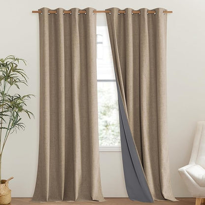 NICETOWN Burlap Vintage Open Linen Weave Flax Thermal Curtains, 100% Blackout Curtains 95" Long for Dining Room, Soundproof Window Treatment Drapes for Bedroom, 52" Wide Per Panel, Set of 2