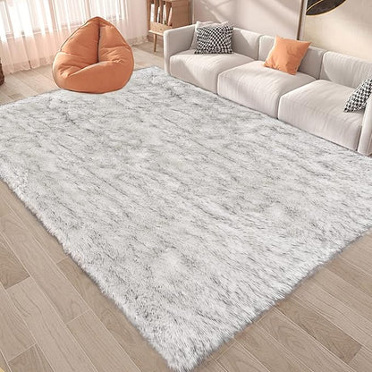 Latepis Large Rug for Living Room Rugs 6.7x10 White with Grey Tips Faux Sheep Skin Fur Rug for Bedroom Fluffy Furry Rugs Home Décor, Rectangle