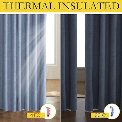 NICETOWN Stone Blue Vintage Linen 100% Blackout Curtains for Dining Room, Thermal Insulated Curtains 54" Long, Noise Reducing Window Treatment Drapes for Kitchen, 42" Wide Per Panel, Set of 2