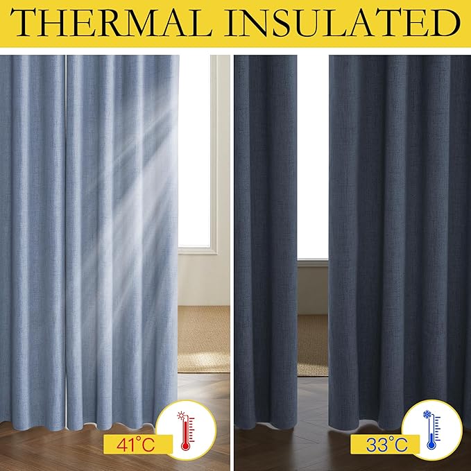 NICETOWN Stone Blue Vintage Linen 100% Blackout Curtains for Kitchen, Thermal Insulated Curtains 63" Long, Noise Reducing Window Treatment Drapes for Dorm Room, 62" Wide Per Panel, Set of 2