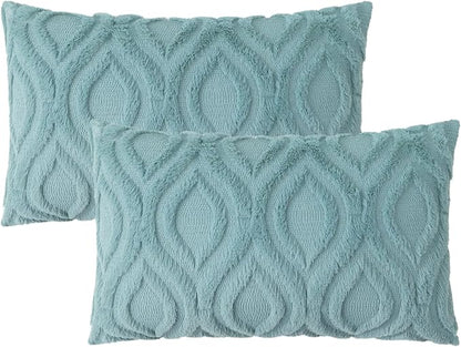 decorUhome Summer Throw Pillow Covers 12x20 Inch Set of 2, Soft Plush Faux Wool Aqua Solid Couch Pillow Covers, Accent Farmhouse Neutral Rectangle Pillow Cases for Sofa Bed Living Room