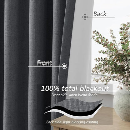 Guken Blazer Grey 100% Blackout Linen Curtains 120 Inch Length 2 Panels Set for Living Room Bedroom Back Tab/Rod Pocket Thermal Insulated Farmhouse Black Out Drapes Room Darkening,52x120