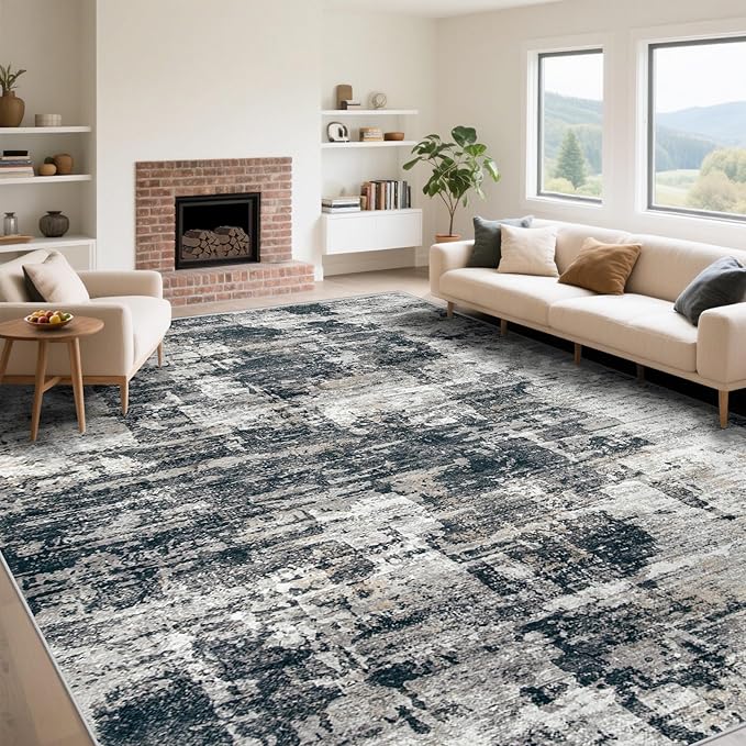 9x12 Area Rug for Living Room, Washable Modern Abstract Large Area Rug Neutral Soft Non Slip Kids Rug Stain Resistant Indoor Carpet for Bedroom Dining Room Playroom Office(BlackGrey, 9'x12')