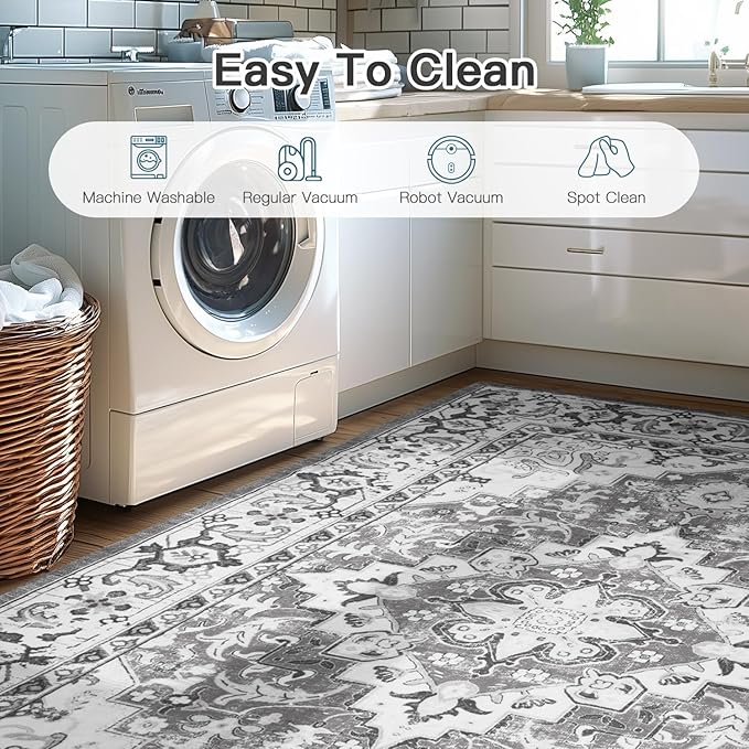 Lofus 9x12 Area Rugs for Living Room, Washable Area Rug, Rugs for Bedroom, Kitchen Rug, Vintage Boho Carpet, Soft Non-Slip, Low Pile Large Area Rug for Office Dining Room, Floral Grey