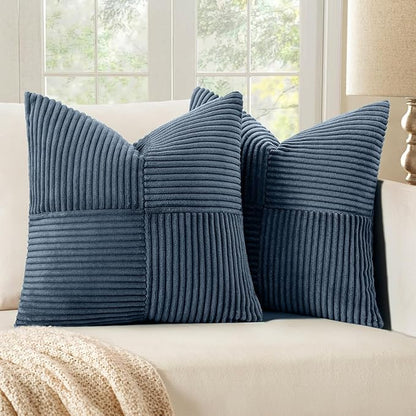 MIULEE Blue Decorative Euro Sham Pillow Covers 24x24 Inch for Bed Couch Sofa Pack of 2 Boho Farmhouse Throw Pillows Soft Cross Corduroy Patchwork Textured Cushion Cases