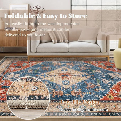 Area Rug 5x7 Washable Rug, Vintage Boho Medallion Rugs Non-Slip Soft Low Pile Large Distressed Rug Indoor Retro Carpet for Living Room Bedroom Dining Room Office (TribalMedallionMulti, 5'x7')