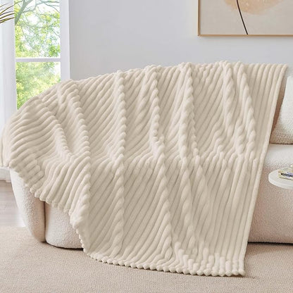 BEDELITE Fleece Throw Blanket for Couch - 300GSM Soft & Warm Fluffy Beige Blanket, Decorative and Giftable Striped Blankets for Women, Men, 50"x60"