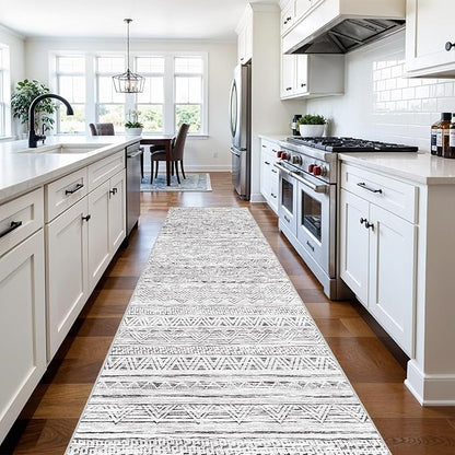 3x10 Washable Hallway Runner Rug - Moroccan Non-Slip Long Runners for Entryway Soft Modern Geometric Low-Pile Rugs for Kitchen Waterproof Neutral Carpet for Bedrooom Bathroom Laundry 3x10 Grey
