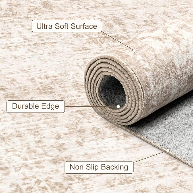 5x7 Area Rugs Living Room Rug: Washable Vintage Boho Rug No Slip Stain Resistant Soft Carpet Indoor Floor Floral Large Carpets for Bedroom Dining Room Farmhouse Nursery Hallway Home Office Beige