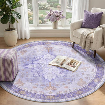 Area Rugs 4ft Washable Non-Slip, Floral Vintage Distress Print Pattern Medallion Carpet for Living Room Bedroom Dining Room, Light Purple Brown