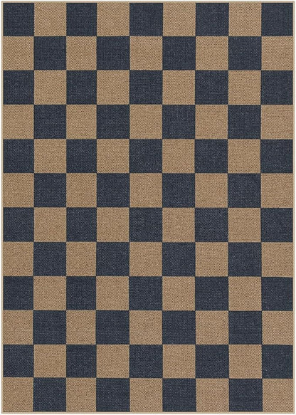 Lahome Colette Checkered Easy Jute Living Room Rugs, 5x7 Dining Room Office Rug Farmhouse Outdoor Patio Carpet, Checkerboard Washable Non Slip Indoor Outdoor Blue Carpet for Backyard Entry Deck