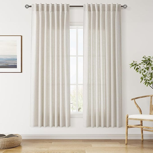 Nanspring Pearl White Linen Curtains for Living Room 72 Inches Long Luxury Light Filtering Semi Sheer Curtain Back Tab Coastal Decor Neutral Elegant Gray Drapes for Bedroom Office 52x72, 2 Panels