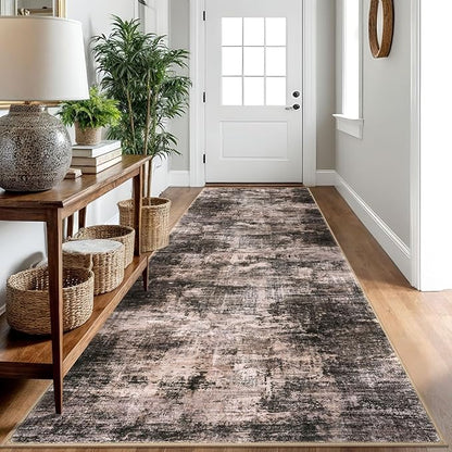 IOHOUZE Abstract Runner Rug 3x10 Ft Washable Runners for Hallways, Non Slip Kitchen Runner Printed Faux Wool Entryway Runner Indoor, Modern Abstract Floor Carpet for Hall Bedroom, Brown/Rust