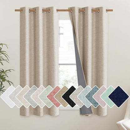 NICETOWN Cream Thick Linen Blend 100% Blackout Curtains 63" Long 2 Panels Set for Bedroom, 42" Wide, Rustic Grommet Thermal Insulated Flax Textured Full Blackout Window Draperies with Grey Liners