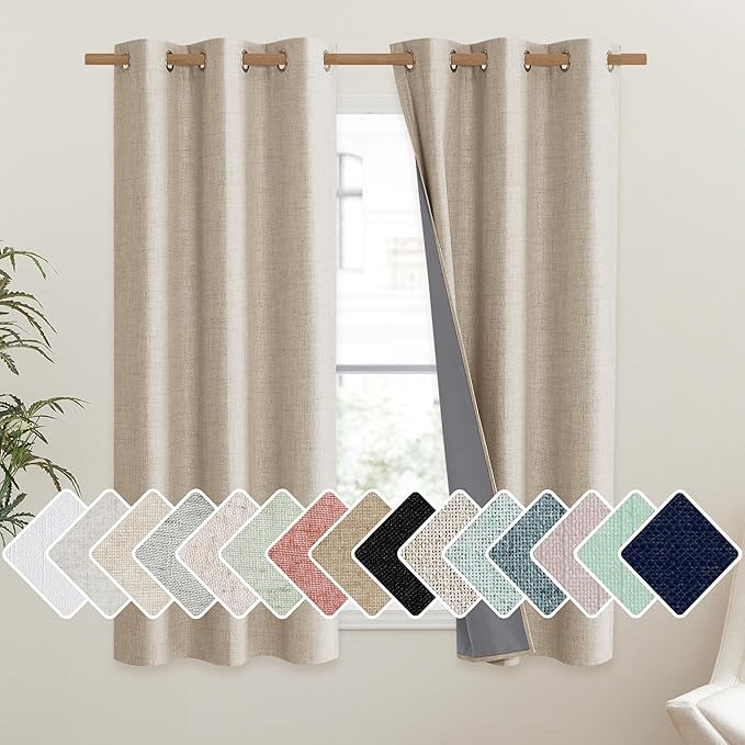 NICETOWN Cream 100% Blackout Linen Curtains 45 inch Long Burg for Dining Room, 1 Pair, 42" Width Each Panel, Farmhouse Thick Completely Blackout Window Treatment Thermal Insulated Drapes