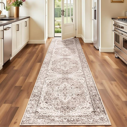 Lofus 2x10 Runner Rug for Hallways, Washable Kitchen Rugs, Non-Slip Rugs for Entryway and Bedroom, Vintage Boho Carpet, Soft Low Pile Long Runner Area Rug, Vintage Beige Brown