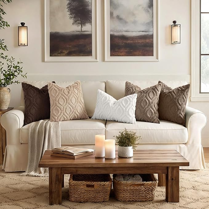 decorUhome Throw Pillow Covers 18x18 Inch Set of 2, Soft Plush Faux Wool Light Brown Solid Couch Pillow Covers, Accent Farmhouse Neutral Square Pillow Cases for Sofa Bed Living Room