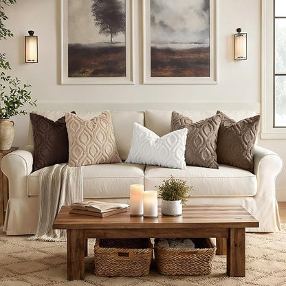 decorUhome Throw Pillow Covers 18x18 Inch Set of 2, Soft Plush Faux Wool Light Brown Solid Couch Pillow Covers, Accent Farmhouse Neutral Square Pillow Cases for Sofa Bed Living Room