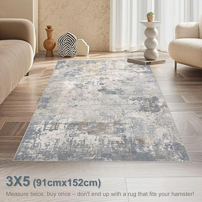 UERMEI 3x5 Area Rug Living Room Rugs - Washable Neutral Modern Abstract Soft Thin Rug Indoor Floor No Slip Rug Carpet for Bedroom Under Dining Table Home Office Decor - Blue Grey
