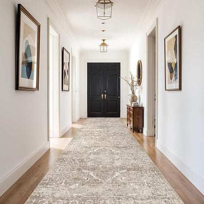4x10 Washable Hallway Runner Rug - Wide Kitchen Runners Vintage Low Pile Carpet Soft Thin Floor Runner with Rubber Backing for Entryway Bedroom Living Room Home Decor (Beige)