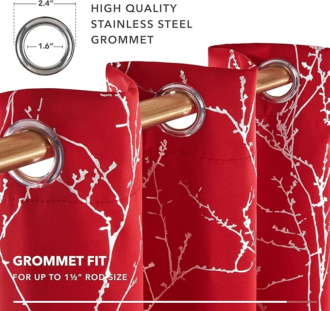 Deconovo Christmas Red Curtains, Blackout Drapes, Soundproof Curtain, Silver Print, 52 x 63 Inch Long, 2 Panels, Machine Washable Window Panel for Living Room Bedroom Festival Party Decoration Kitchen