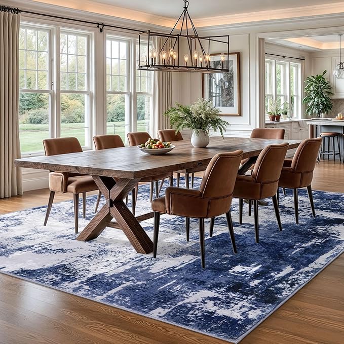 KOZYFLY Modern Abstract Area Rugs 8x10 Navy Blue Machine Washable Thin Rug for Bedroom Non-Slip Living Room Rug, Faux Wool Soft Low Pile Office Carpet for Dining Room, Bedroom, Kitchen Bathroom