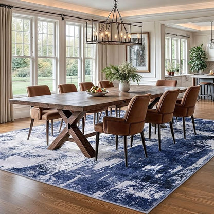 KOZYFLY Modern Abstract Area Rugs 8x10 Navy Blue Machine Washable Thin Rug for Bedroom Non-Slip Living Room Rug, Faux Wool Soft Low Pile Office Carpet for Dining Room, Bedroom, Kitchen Bathroom
