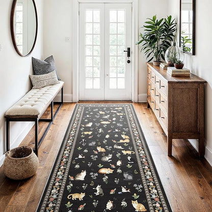 3x7 Washable Kitchen Runner Rug - Soft Low Pile Floral Animal Cat Print Rugs with Non-Slip Backing Waterproof Stain-Resistant Indoor Carpet for Hallway Entryway Bathroom Bedroom (Black)