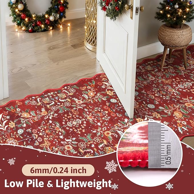 Yamaziot Christmas Runner Rug 2x8 – Red Floral Washable Non-Slip Carpet Runner Christmas Holiday Decor, Soft Low Pile Christmas Rug for Hallway, Kitchen, Entryway