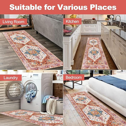 Yamaziot Washable Runner Rug, 2x6 Non-Slip Boho Vintage Hallway Rug Runner with Rubber Backing, Stain Resistant Distressed Carpet Runner for Bedroom, Kitchen, Laundry, Entrance