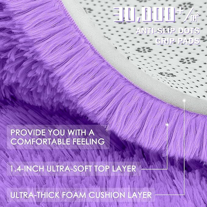 OLANLY Purple Round Rugs for Bedroom - Machine Washable, 5 ft Circle Area Rugs for Living Room, Soft and Fluffy Shaggy Carpet for Teen Girls and Boys, Nursery Rooms, Dorms, Home Decor Aesthetic