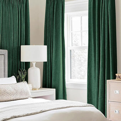 MIULEE Linen Curtains for Bedroom 100% Blackout Thermal Insulated Emerald Green Grommet Room Darkening Curtains & Drapes Christmas Decor for Living Room Nursery 52 x 90 Inch (2 Panels)