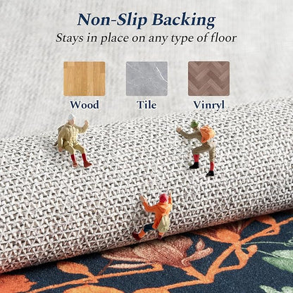 Rugflix 2x6 Runner Rug for Hallway, Washable Kitchen Runner Non Slip, Soft Low Pile Entryway Carpet, Vintage Floral Stain Resistant Long Laundry Room Rugs for Bedroom, Stairs