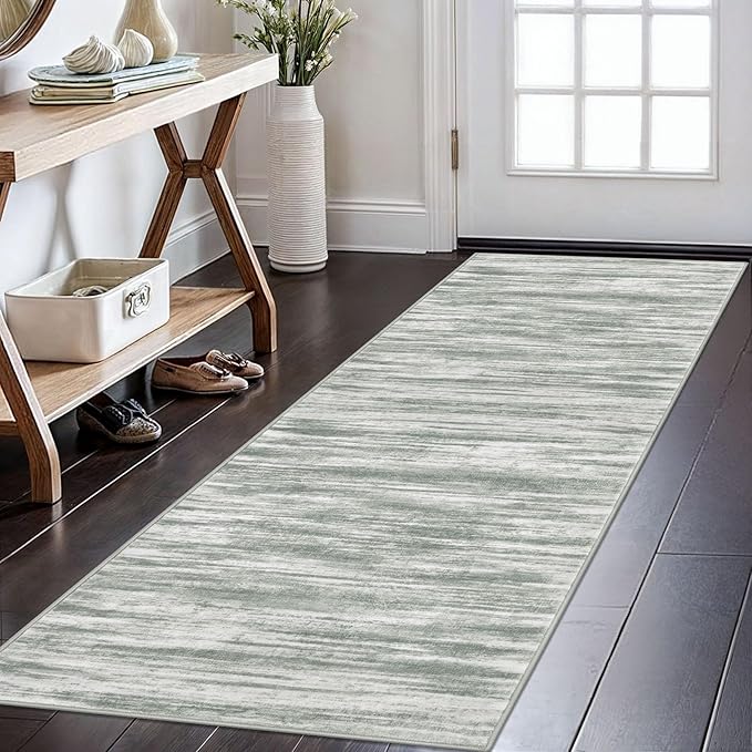 KOZYFLY Modern Abstract Runner Rugs 2x6 Grey Green Machine Washable Area Rug for Bedroom Non-Slip Living Room Rug, Faux Wool Soft Low Pile Office Carpet for Dining Room, Bedroom, Kitchen Bathroom