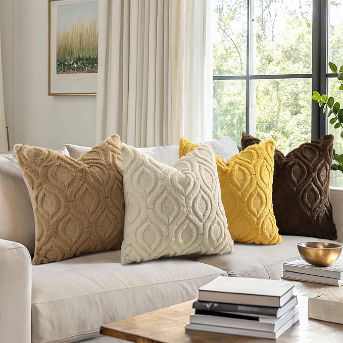decorUhome Throw Pillow Covers 26x26 Inch Set of 2, Soft Plush Faux Wool Beige Solid Couch Pillow Covers, Accent Euro Sham Farmhouse Neutral Square Pillow Cases for Sofa Bed Living Room