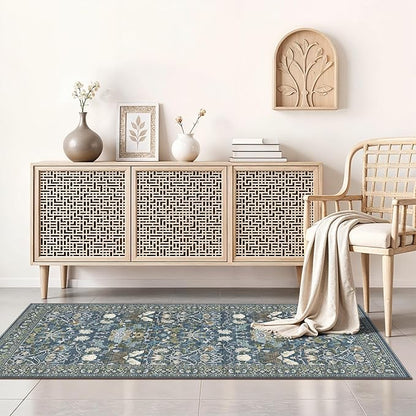 Washable 2x4 Entryway Area Rugs: Anti-Slip Thin Kitchen Carpet Indoor Light-Weight Doormat Ultra Soft Low Pile Nursery Room Rug Vintage Small Floor Mat for Hardwood Bedroom (2x4,Floral/Blue)