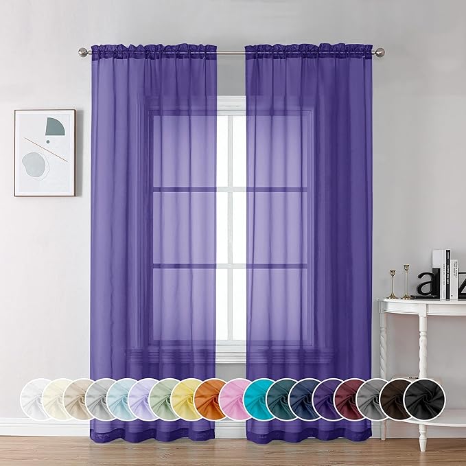 Chyhomenyc Purple Sheer Curtains 84 Inch Length 2 Panels, Light Filtering Soft Airy Voile Rod Pocket Sheer Window Drapes for Bedroom Living Room, Each 42Wx84L Inches