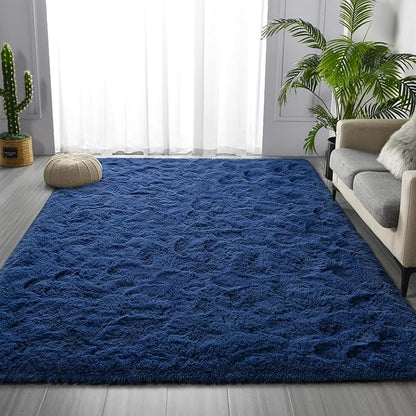 Deerhoo Large Shag Area Rugs 6 x 9, Plush Fuzzy Rugs for Living Room, Ultra Soft Fluffy Furry Rug for Bedroom, Indoor Carpet Nursery Rugs for Kids Room Home Decor, Navy Blue
