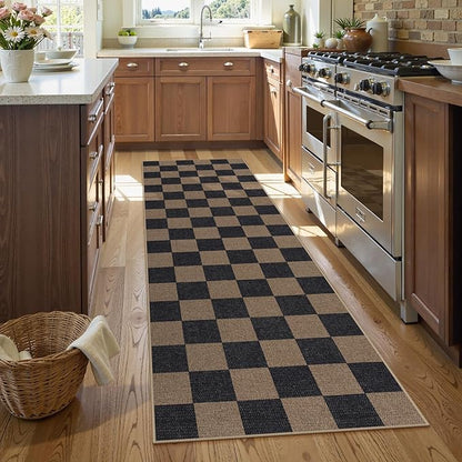 Lahome Colette Checkered Easy Jute 2x8 Runner Rug, Washable Kitchen Runner Rug Non Slip for Entryway Indoor, Checkerboard Black Indoor Outdoor Carpet for Hallway 8ft Entry Laundry Porch