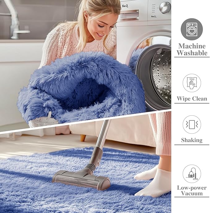 OLANLY 2x3 Machine Washable Small Bedside Rug, Soft Fluffy Shaggy Entryway Throw Rugs for Bedroom, Living Room, Indoor Floor Carpet for Kids Girls and Boys, Home Decor Aesthetic, Denim Blue