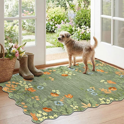 Floral Outdoor Rug - 28" x 43" Front Door Mat Indoor Outside Entrance Non-Slip Washable Outdoor Mat Sage Green Boho Flower Rug for Entryway Kitchen Bedroom Layered Doormat for Front Porch