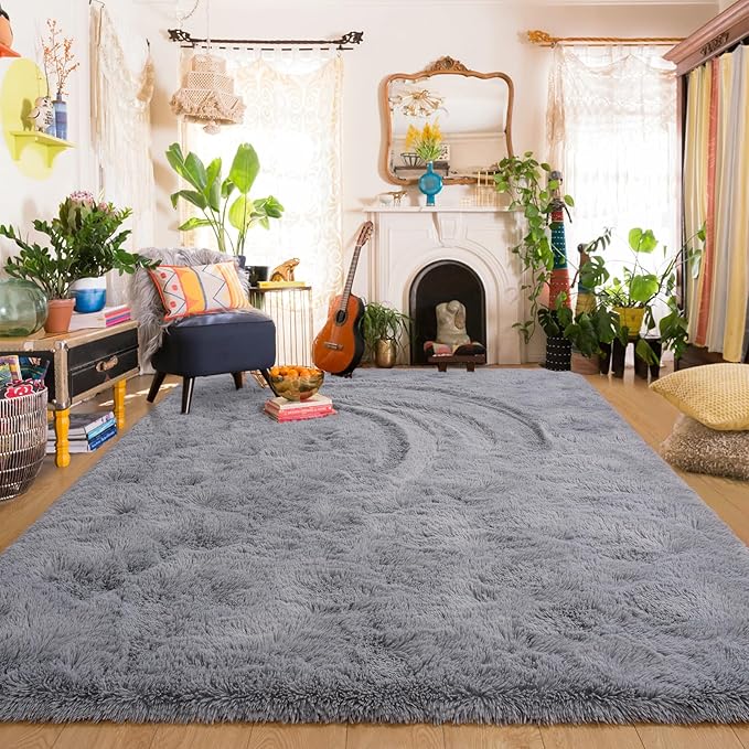 Amearea Shag Fluffy Area Rug for Bedroom Girls Living Room, Extra Soft and Fuzzy Shaggy Rugs, Non Slip, Solid Color Carpet Mat for Boys Nursery Home, Grey 6x9 Feet