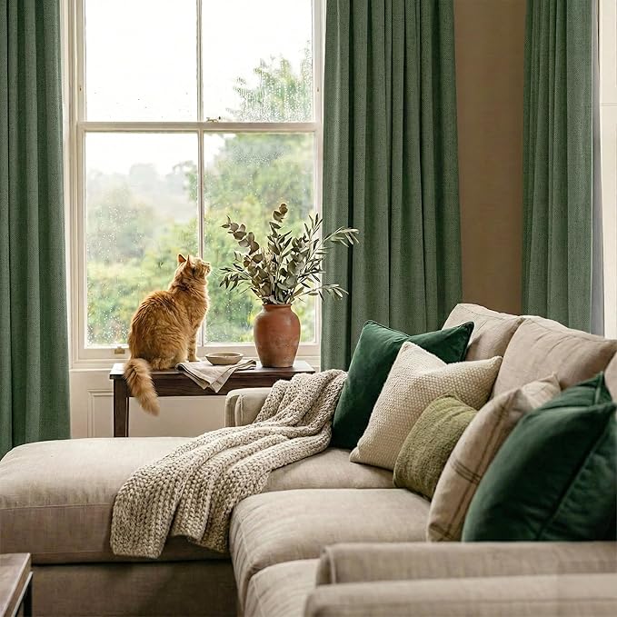 RYB HOME Olive Green 100% Blackout Linen Curtains 96 inches Long, Luxury Thermal Insulated Room Darkening Drapes for Living Room/Bedroom/Sliding Doors, Back Tab&Rod Pocket, W52xL96, 2 Panels