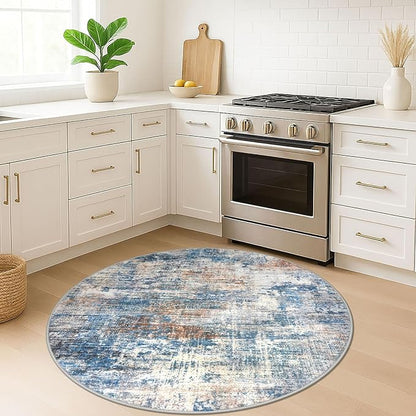 IOHOUZE Round Area Rug 5 Ft Circle Entryway Rugs Round Washable Door Mat Indoor Entrance, Non Slip Circle Front Door Rug, Printed Abstract Faux Wool Floor Carpet for Foyer Porch Sink, Blue Rust