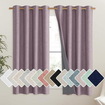 NICETOWN Chaise Mauve Vintage Linen 100% Blackout Curtains for Living Room, Thermal Insulated Curtains 63" Long, Noise Reducing Window Treatment Drapes for Hall Room, 52" Wide Per Panel, Set of 2